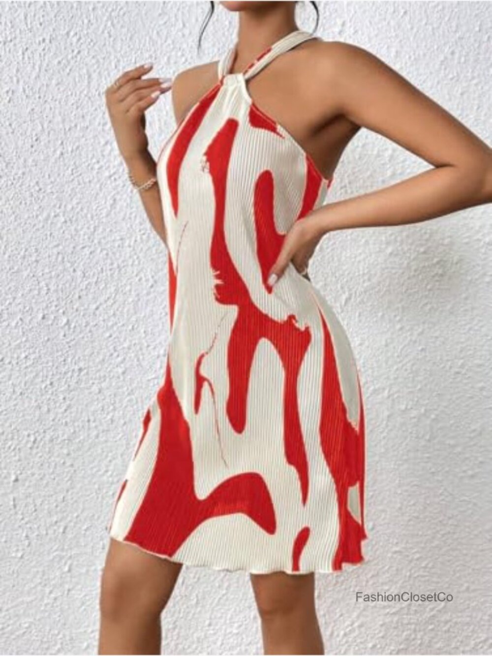 Women's Halter Neck Mini Sundress Pleated Casual Party Date Vacation - Picture 5 of 7
